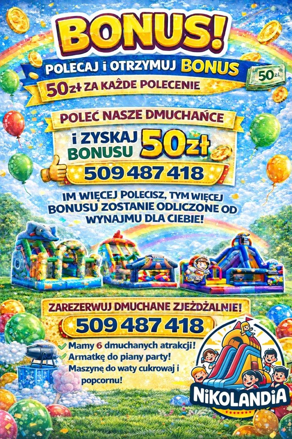 Bonus 50zł za polecenie Nikolandia dmuchane zjeżdżalnie